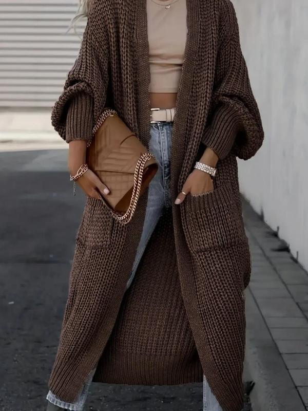 Women's Solid Drop Shoulder Long Cardigan, Womenswear Casual Long Sleeve Cardigan with Pockets, Ladies Knitwear for Spring & Fall Daily Wear, Lightweight Knit Sweater, Sweaters for Women