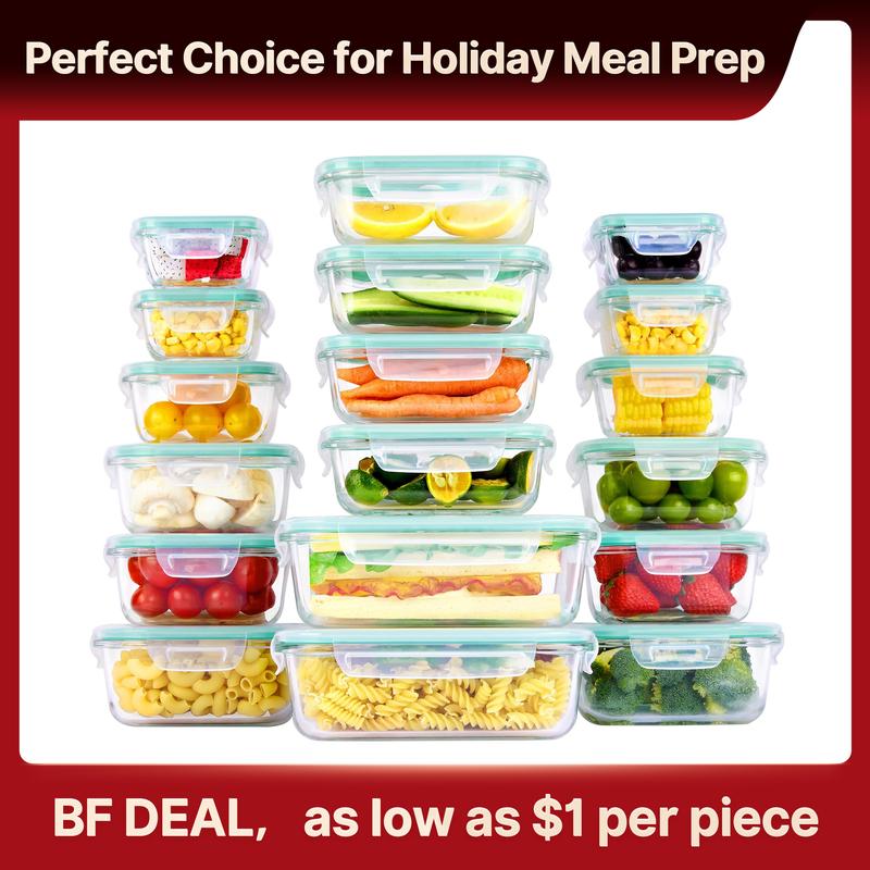 Vtopmart 18 Pack Glass Food Storage Containers with Lids -Stackable Design for Kitchen Utensils Oven Microwave Freezer Dishwasher Kitchenware Lunch Compartment Grey Rectangle Airtight Meal Prep,Extra Large Storage,summervibes outdoorfun