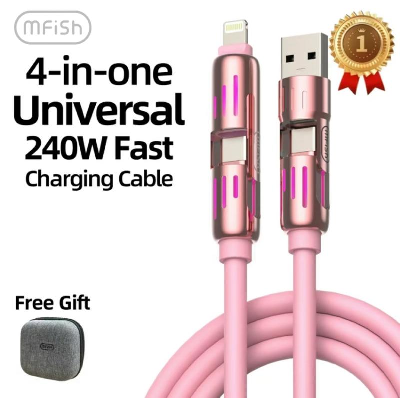 MFish 240W 4-in-1 Fast Charging USB Cable with USB A, Type-C, and Lightning Connectors (Free Storage Bag Included), Electronic Smartphone baby pink