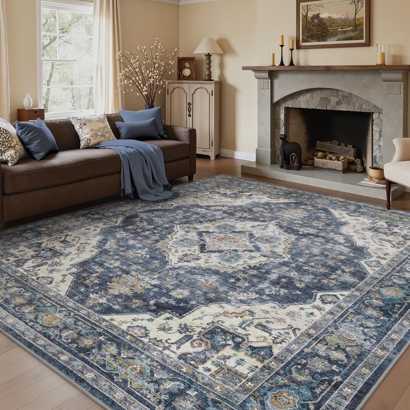 MontVoo Vintage Medallion Rug, Retro Distressed Design, Washable Non-Slip Area Rug, Farmhouse Aesthetic Home Decor for Living Room, Bedroom, Summervibes