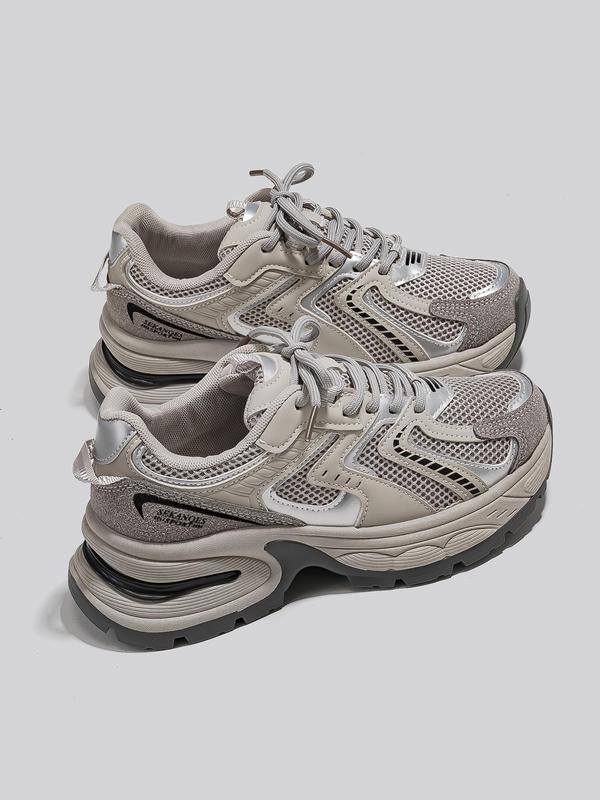 New Thick Sole Dad Shoes Fashion Casual Sporty Women's Athletic Sneaker Footwear Lightweight Athletic Sneakers Chunky Sole Sneakers Breathable Height Increasing Sneakers, Round Toe Mesh PU Leather Low Top All Seasons Lace Up Sneaker