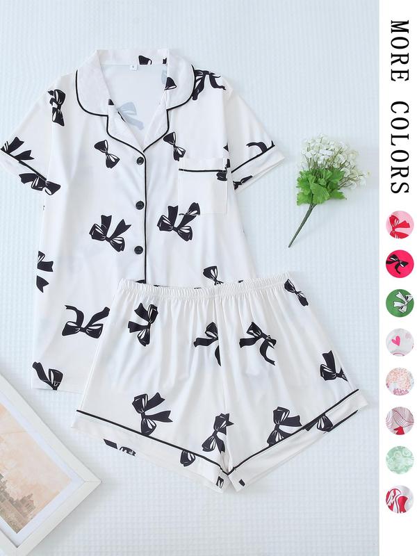 Women's Printed Button Front Pocket Shirt & Elastic Waist Shorts Pajama Two-Piece Set , Comfy Soft PJ Set, Summer Clothes for Women, Loungewear
