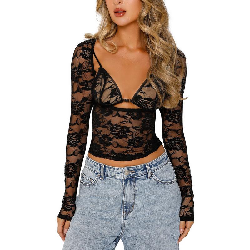 #Springfashion Women Floral Lace Tops Low Cut Sheer Long Sleeve Pullovers Fitted Crop Shirt with Bra Summer Streetwear Clubwear Matching Cropped
