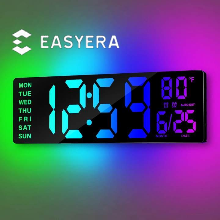 EASYERA 16.5" & 12" Large Digital Wall Clock with BT Sync, RGB Lights with 11 Scenes Mode Remote Control, Big LED Clock with Dual Alarms, Auto DST, Temperature for Classroom Gaming, Office, LivingRoom, Kitchen, Craft Room, Graduation Gift fathersdaygiftid