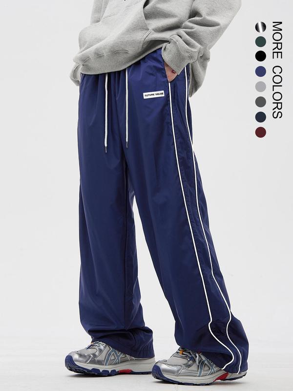 Men's Side Stripe Drawstring Waist Straight Leg Pants, Casual Plain Pocket Letter Patched Trousers for Fall & Winter, Loose Menswear, Drippy Outfits, Sport, Tracksuit Pants