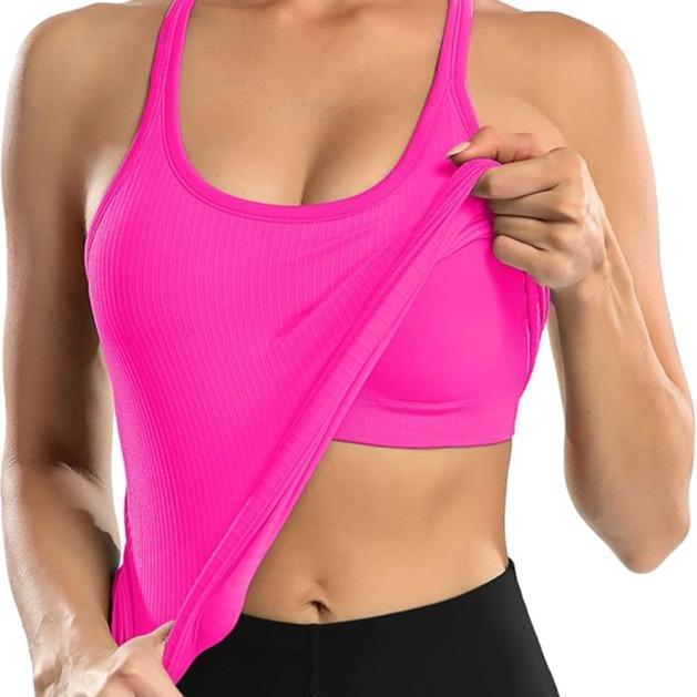 Attraco Ribbed Workout Tank Tops with Built in Bra for Women Tight Racerback Scoop Neck Athletic Top summerwins