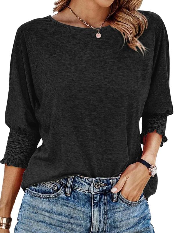 Women's Plain Frill Trim Shirred Batwing Sleeve Lightweight Basic Tee, Casual Chic Fit 3/4 Sleeve Round Neck T-shirt for Summer, Women's Top for Daily Wear, Cute Tops, Womenswear