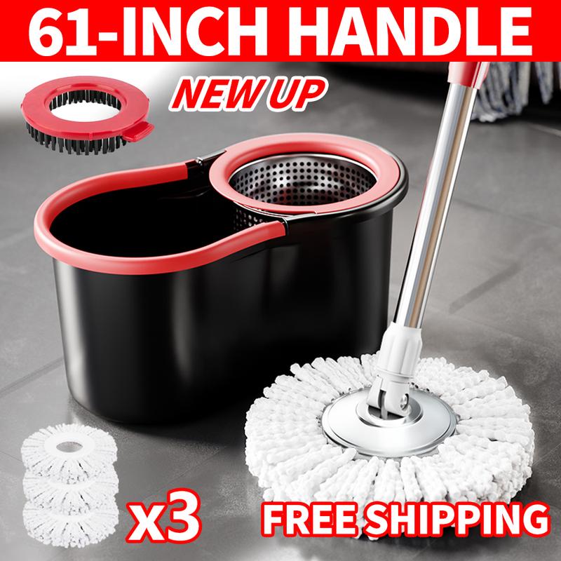 Mop Bucket Set with 360Â° Spin Mop and Bucket System 3 Microfiber Heads 61In Adjustable Handle Easy Home Floor Cleaning