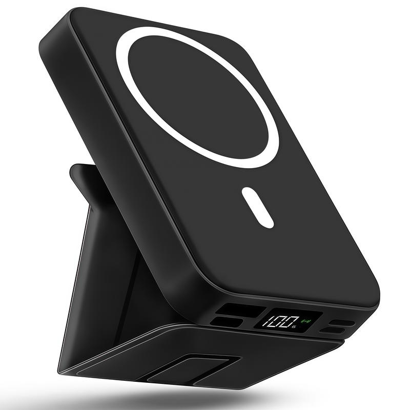 Magnetic Power Bank 10000mAh Wireless Portable Charger with USB-C Cable LED Display Foldable Battery Pack for iPhone17/ 16/15/14/13/12/Pro/Pro Max Series Charging Compact Silicone Black