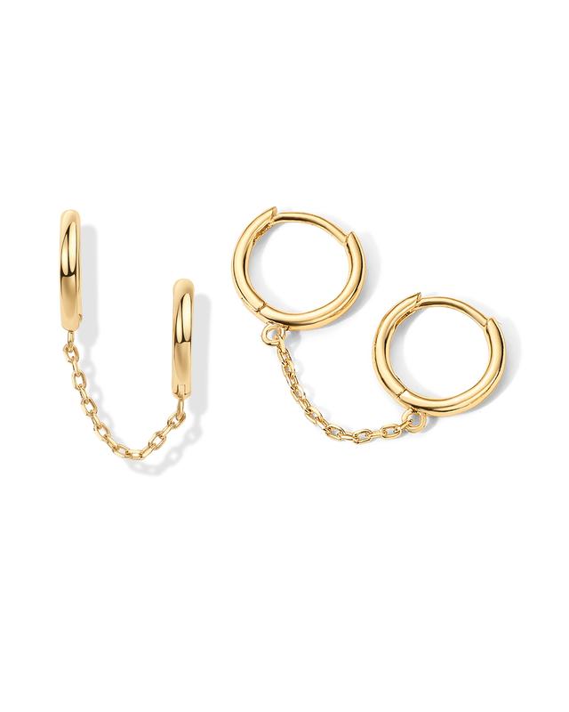 PAVOI 14K Gold Plated Chain Earrings for Women - Double Piercing Dangle Chain Huggie Hoop Earrings - Cubic Zirconia Single Stud Ear Cuff Earrings for Women