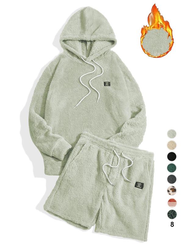 Two-piece Set Men's Letter Patch Drop Shoulder Knit Hoodie & Drawstring Waist Shorts Set, Casual Fashion Cozy Regular Fit Outfits, Daily/Outdoor Wear, Men's Clothes for Fall & Winter