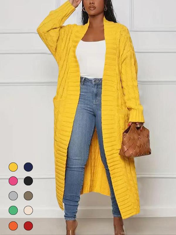 Women's Solid Color Textured Knitting Drop Shoulder Pocket Longline Cardigan, Casual Open Front Knitwear for Fall & Winter, Women's Knit Clothing for Daily Wear, Everyday Sweaters for Women Womenswear Fit
