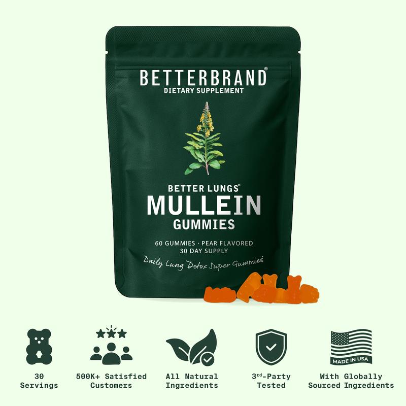 Betterbrand Mullein Lung Detox Gummies for Respiratory Health & Mucus Cleanse - 60 Pear Flavored Chewable Gummies - 30 Servings - Dietary Supplement for Respiratory Health Support