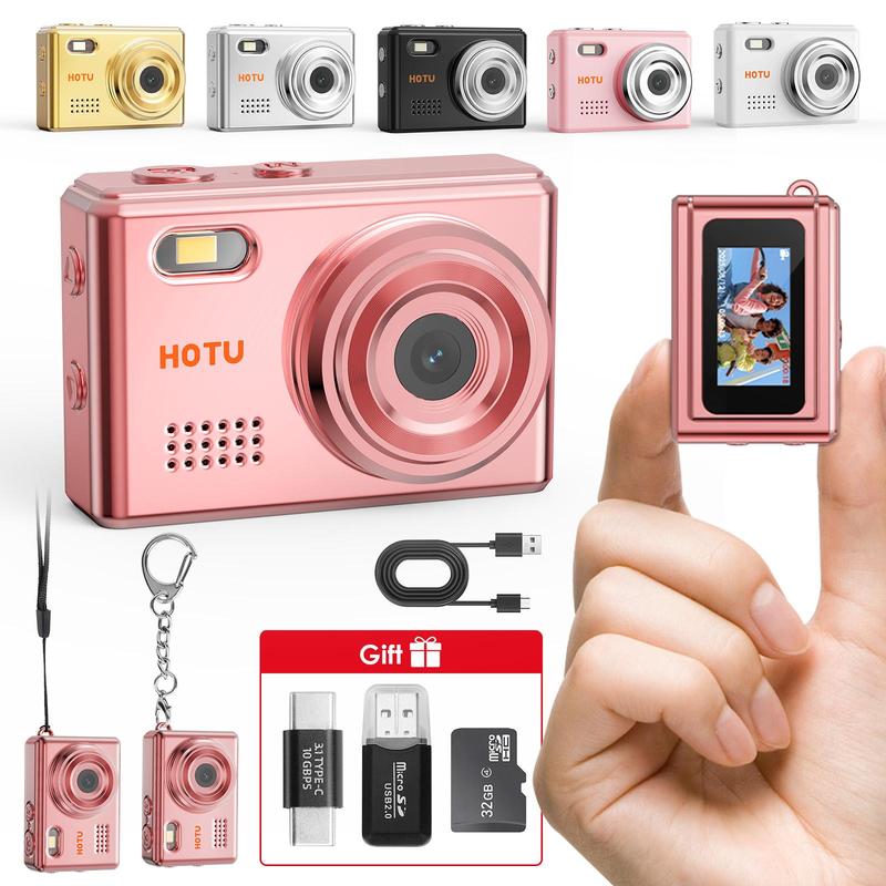 【Free 32G SD】HOTU Mini Keychain Digital Camera – Y2K Pocket-Size Camera 1080P HD with 1MP Lens, Flash & 0.96" Screen, 32G Card & Charging Cable Included, Retro Vlog Camera for Travel, Concerts, Kids & Instant Party, Sparkling Rose Gold summerwins