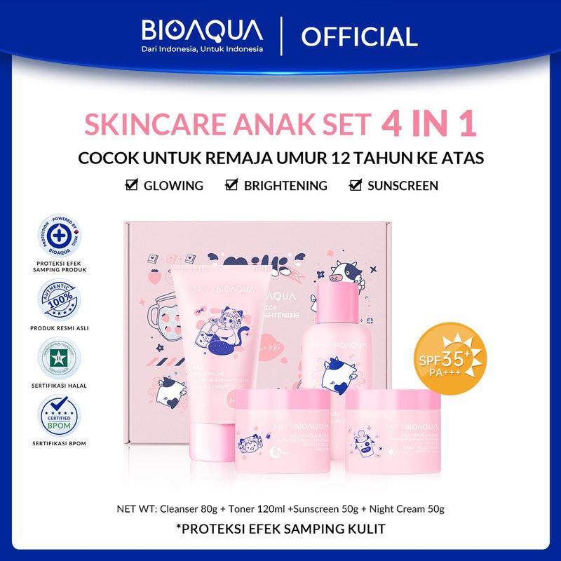 【Milk Brightening Set】BIOAQUA Milk Glowing  Facial   Skinacre Paket / Tea Tree Oligopeptide Acne Barrier Skincare kit Soothing Hydrating Face Wash  Cleanser +Toner +Sunscreen + Night Cream 【BPOM】