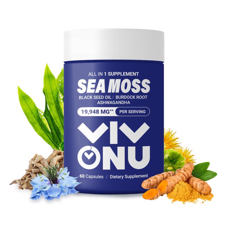 VIVONU seamoss - 60 Count - Seamoss 7000mg,Ashwagandha 2000mg,  Black Seed Oil 4000mg, Turmeric 2000mg, Burdock Root 2000mg, All in 1 Supplements
