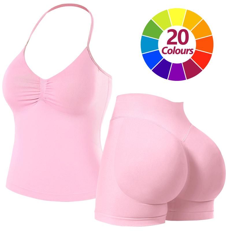 RICH BRIA Sports Sets for Women Seamless Halter Tank Top with High Waist Shorts Set for Yoga and Fitness, Breathable & Comfortable Activewear Summer Two-Piece