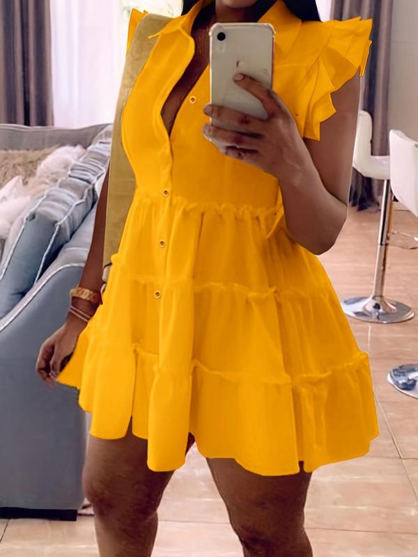 Women's Plain Layered Sleeve Button Front Frill Trim Short Dress, Elegant Casual Short Sleeve Collared Smock Dress For Summer, Women's Clothing For Daily Wear