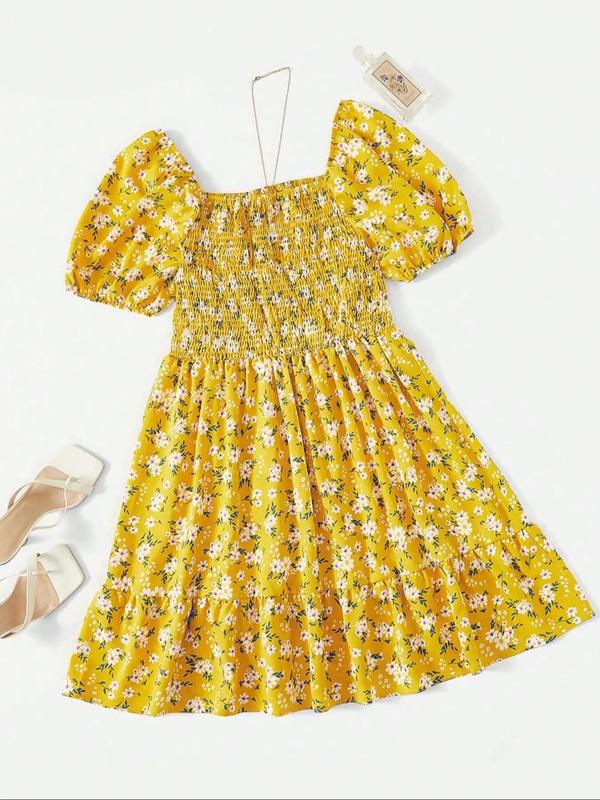 Women's Plus Size Plain or Ditsy Floral Print Shirred A-Line Dress, Boho Ruffled Hem Square Neck Casual Dress for Beach Vacation and Holiday, Women's Clothing for Summer