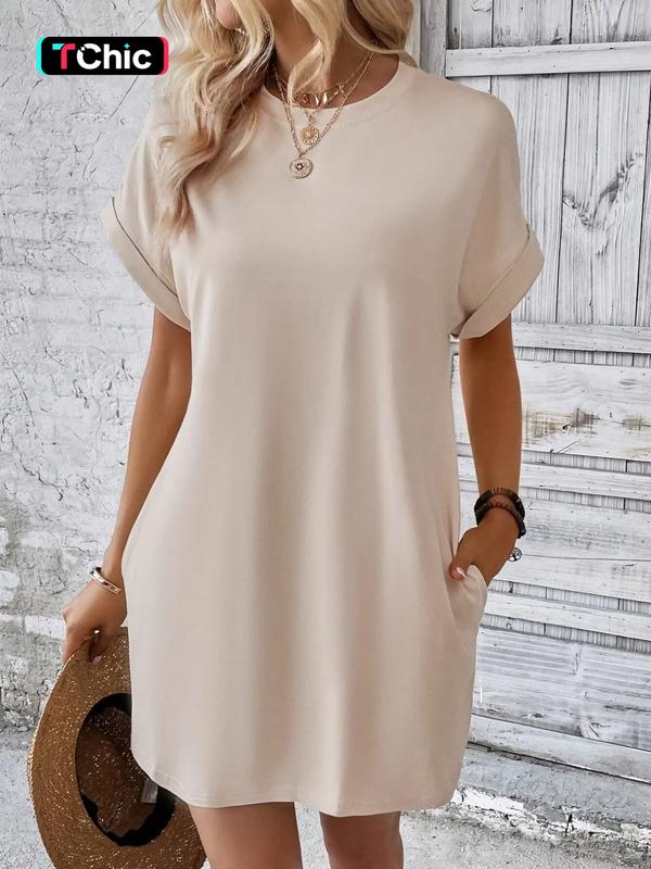 Women's Plain Pocket Batwing Sleeve Tee Dress, Casual Round Neck Roll Up Sleeve Short Dress for Summer, Fashion Women's Dress Loose Womenswear