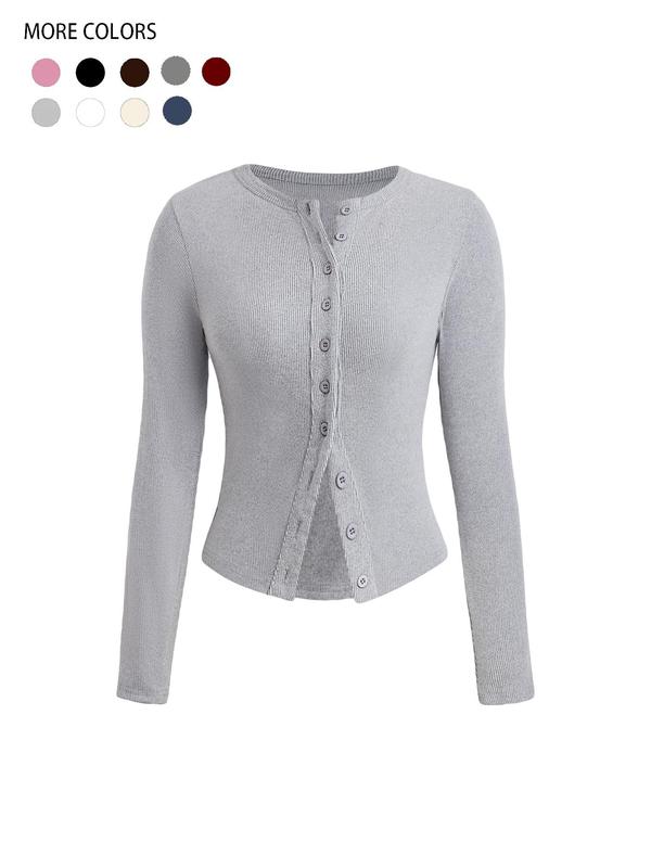 Women's Plain Basic Button Front Ribbed Tee, Casual Long Sleeve Round Neck T-Shirt for Spring & Fall, Women's Top for Daily Wear, Womenswear