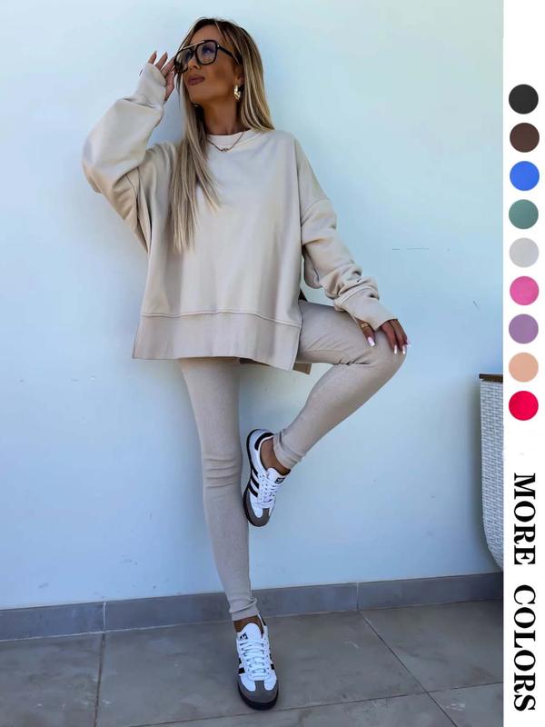 Women's Solid Drop Shoulder Sweatshirt & Elastic Waist Pants Two-Piece Set, Casual Fashion Cozy Long Sleeve Pullover & Skinny Trousers for Daily Outdoor Wear