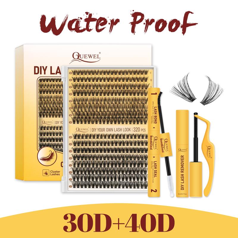 QUEWEL Lash Clusters Kit, Waterproof Lash Bond and Seal with Remover, Long Lasting and Fluffy D Curl Lash Clusters Beginner Friendly Eyelash