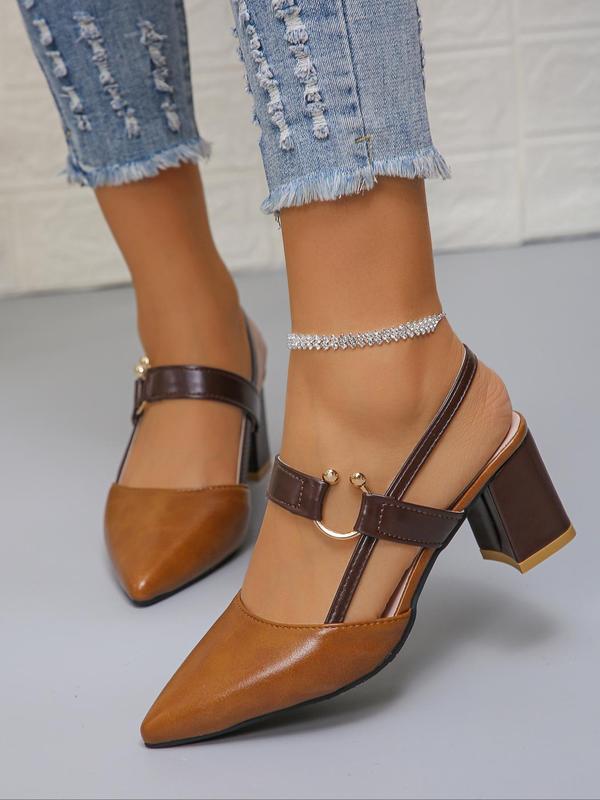 Fashionable Solid Color Slingback Chunky Heels, 1 Pair Elegant Pointed Toe Heels for Daily Wear, Casual Versatile Women's Shoes Rubber, Summer, Chunky Heeled Shoe