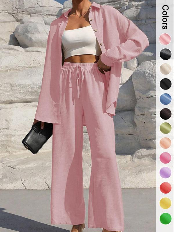 Women's Solid Button Front Shirt & Tie Front Wide Leg Pants Two-piece Set, Casual Drop Shoulder Long Sleeve Top & Trousers 2 Piece Set for Spring & Fall, Women's Clothes for Daily Wear, Loose Pant Sets, Casual Outfits Women