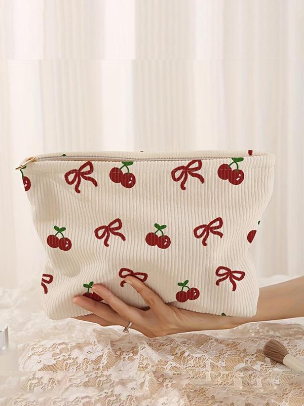 Cherry & Bow Pattern Makeup Bag, Lightweight Multi-functional Fashion Makeup Bag, Casual Travel Makeup Bag, Suitable for Leisure Travel and Various Occasions, Travel Cosmetic Bags, Makeup Pouch, Makeup Organizer Pouch, Travel Essentials, Travel Beauty Bag