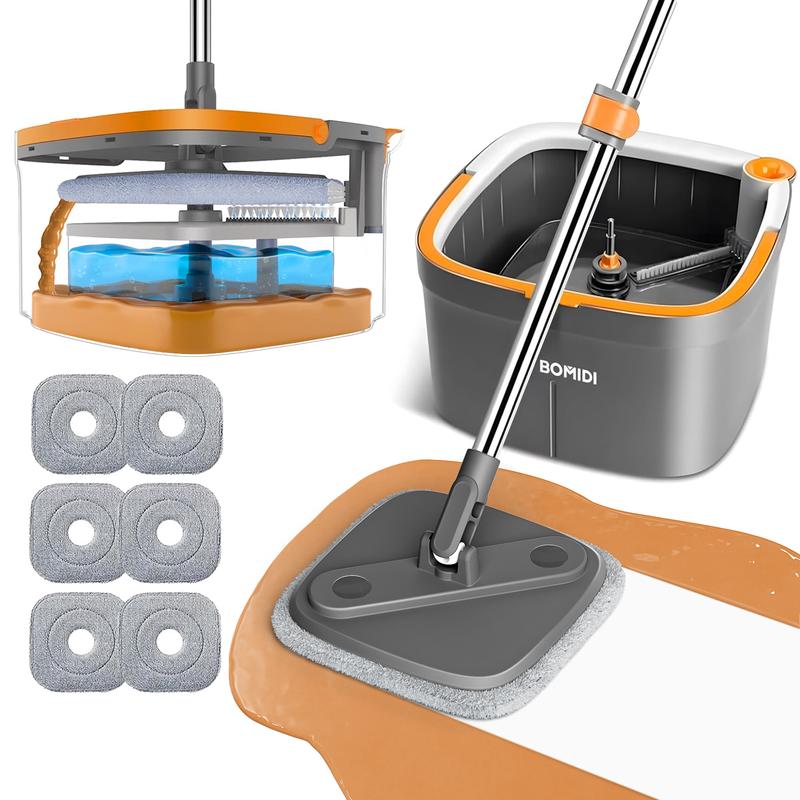 BOMIDI  Spin Mop and Bucket Set, Includes Dual Compartment Mop Bucket with Thick Washable Microfiber Pads for Home Cleaning