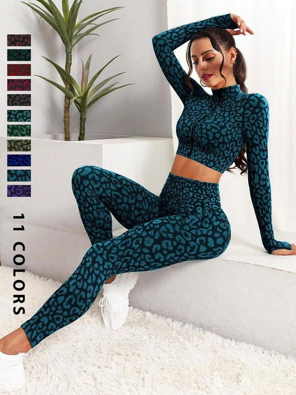 Women's Leopard Print Zip Up Crop Top & High Waist Leggings Tracksuit Set, Sporty Casual Comfy Outfits for Yoga Gym, Women Tracksuits for Spring & Fall, Athletic