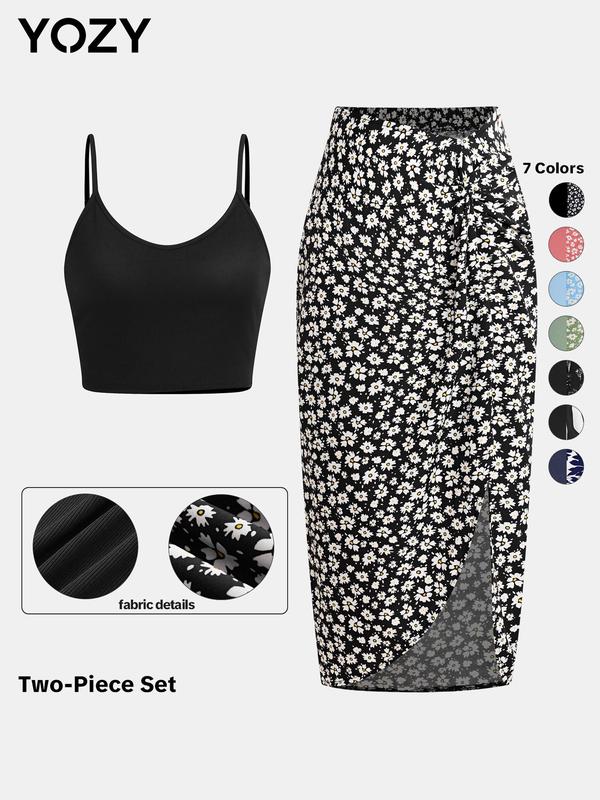 Yozy Women's Crop Cami Top & Ditsy Floral Print Asymmetrical Twist Skirt Set, Sleeveless Adjustable Spaghetti Strap Crop Top & High Waist Skirt Set, Ladies Summer Clothes, Two Piece Set Women, Womenswear