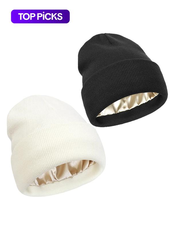 Solid Color Beanie Hat, 2 Counts Casual Knit Hat for Fall & Winter, Fashion Accessories for Both Men & Women