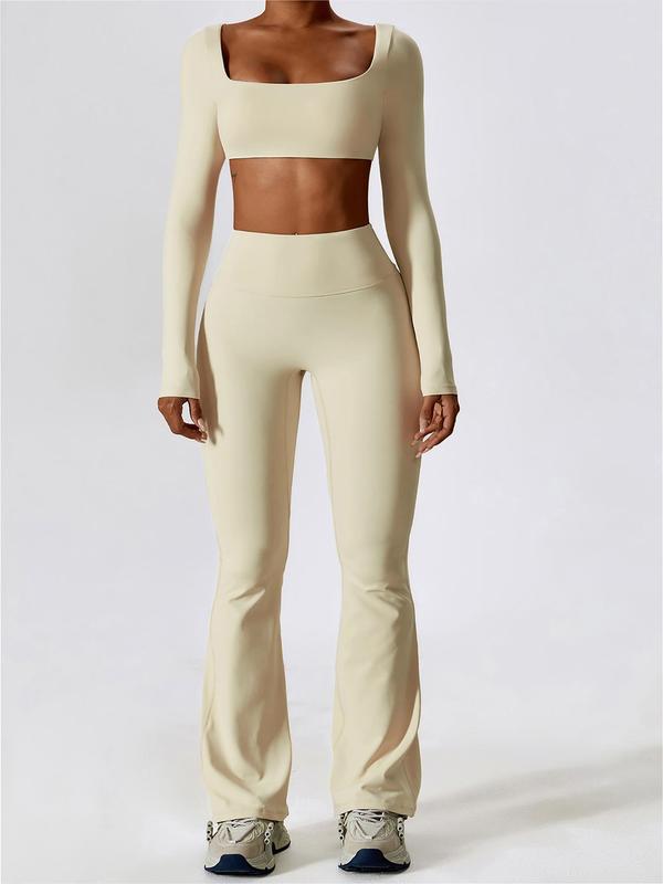 Women's Solid Square Neck Crop Top & High Waist Flare Leg Pants Set, Ruched Sports Flare, Sporty Comfy Breathable Long Sleeve Top & Bell Bottom Trousers Two/Four-piece Outfits for Yoga Workout, Ladies' Clothes for All Seasons, Gym Wear, Sweatsuit Set