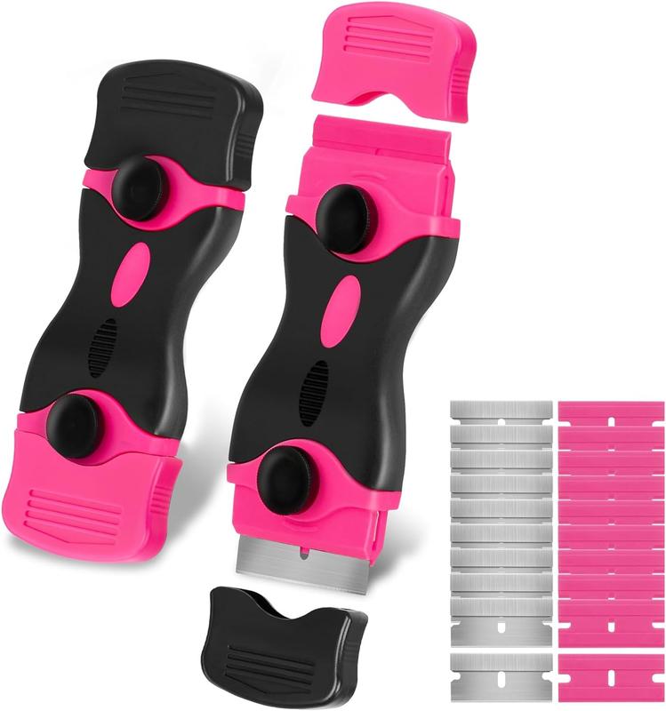 【FathersDayGift】 THINKWORK Pink Razor Blade Scraper Tool, Cleaning Razor Scraper for Glass, Glass Top Stove Scraper for Oven Door, Razor Scraper Gift for Women, 2-in-1 Scraper Tool Set with 20Pcs Razor Blades for Removing Window Labels (2 Pack)