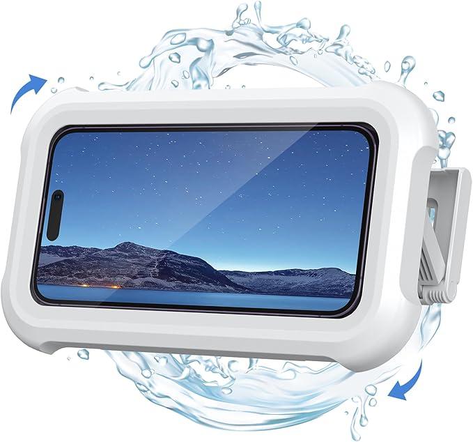 Waterproof Phone Mount for Showers and Bathrooms—360° smooth rotation, anti-fog protective case, responsive full HD touchscreen, comes with 4 tool-free adhesive wall mounts, compatible with 4–7-inch iPhones, Samsung, and other adjustable smartphones tikto