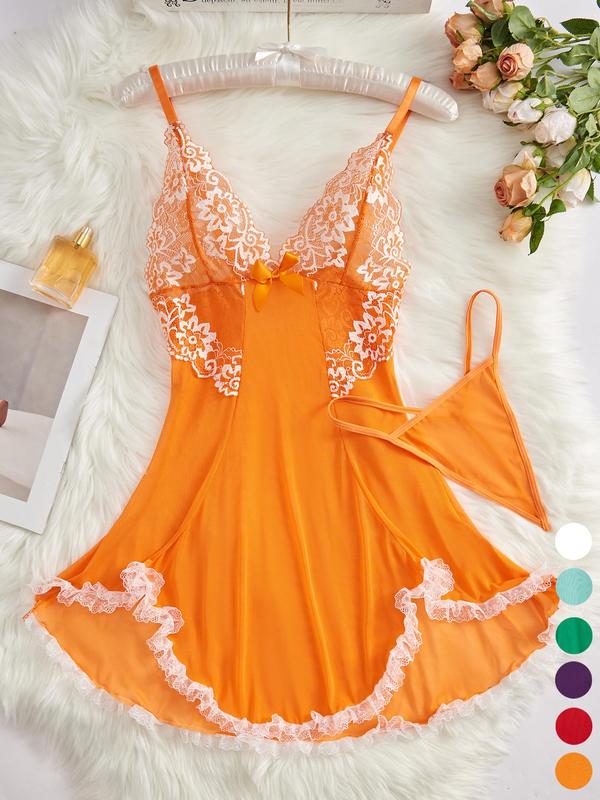 Women's Contrast Lace Bow Decor Mesh Cami Nightdress with Thong, Romantic Spaghetti Strap Backless Nightgown, Ladies Breathable Sleepwear for All Seasons, National Day Offers