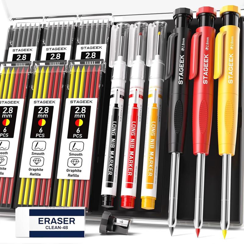 【FathersDayGift】STAGEEK Carpenter Pencils Set with Case, 3PCS Mechanical Carpenter Pencils with 39 Refills, Heavy Duty Construction Pencil with Sharpener, Deep Hole Long Nib Marker Pens for Architect Marking