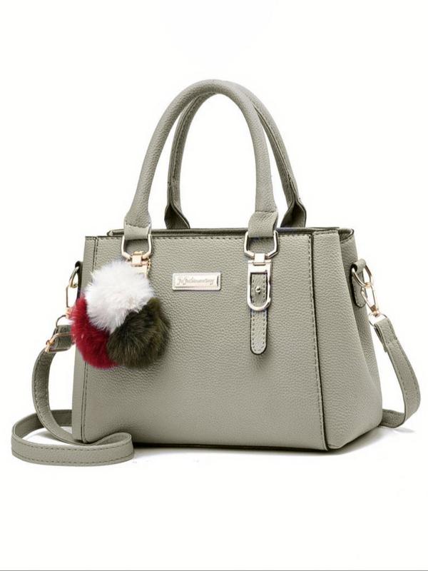 Women's Top Handle Purse with Pompom, Elegant Bags, Stylish Versatile Bag, Vegan Leather Shoulder Crossbody Bag, Medium-Size Tote Handbag