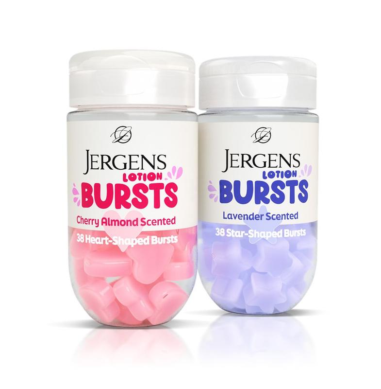 Jergens Lotion Bursts - 38 Heart or Star Shaped Bursts in Cherry Almond Hearts or Lavender Stars plus TikTok Shop Exclusive Keychains, 2 Pack or 3 Pack
