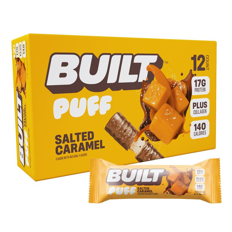Official BUILT Bar, Puff Protein Bars, Salted Caramel Puff, 17g Protein Snacks, On-The-Go Bars, Only 140 Calories, 6g Sugar, Collagen, Gluten Free, 12 Count