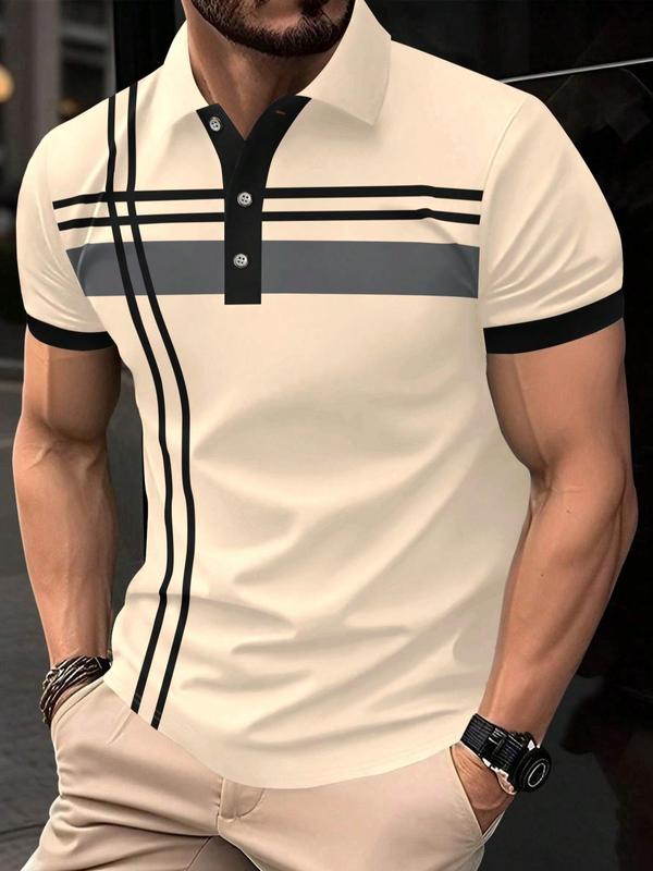 Men's Striped Print Contrast Binding Polo Shirt, Casual Short-Sleeve Button-Front Top for Summer, Fashion Men's Clothes for Daily Wear