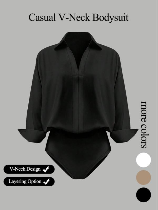 Women's casual loose V-neck long-sleeved shirt jumpsuit, elegant woven fabric, slim fit, suitable for all seasons, and can be layered flexibly, Womenswear