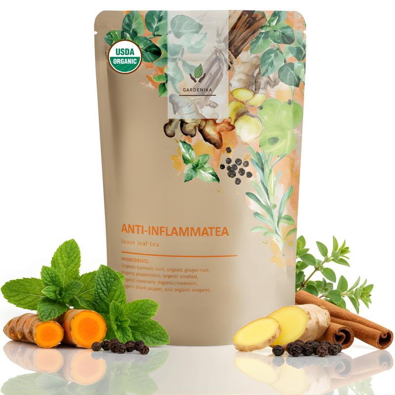 Gardenika Anti-Inflammatea Loose Leaf Herbal Tea with Ginger Turmeric Peppermint Vegan Organic Caffeine-Free Ayurvedic Blend 4oz