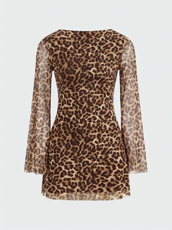 Women's Leopard Print Fitted Longsleeves Flounce Sleeve Tulle Casual Bohemian Dress, Boho Style Womenswear, Boho Style Dresses, Tie Back Backless Long Sleeve Dress for Daily Outdoor Wear, Boat Neck Dress, Casual Everyday Wear