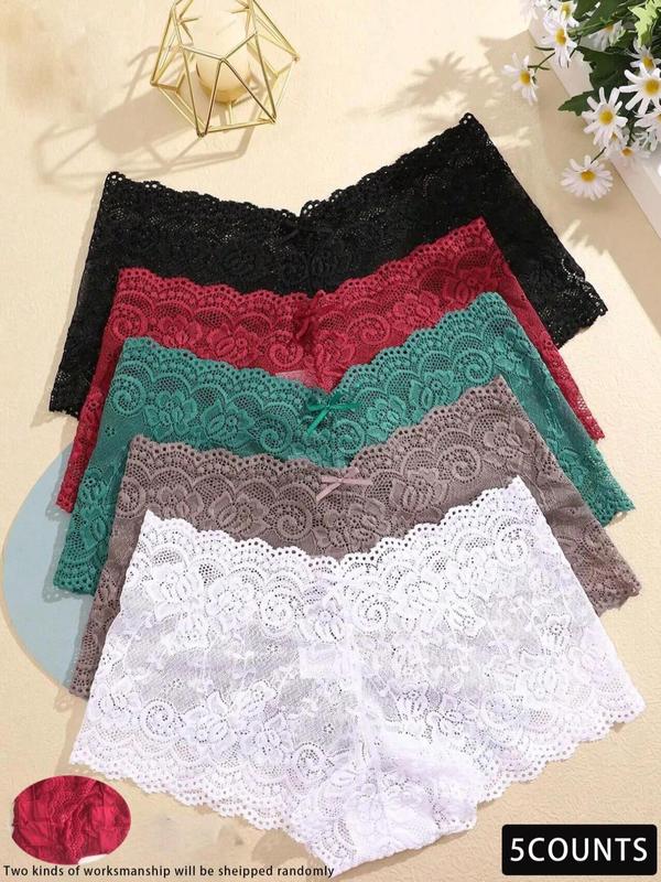 Women's Floral Lace Bow Scallop Sheer Knicker, Comfy Breathable Panty for Daily Wear, Women's Underwear Bottoms for All Seasons, Summer Outfits 2024, Trim Lace Panty