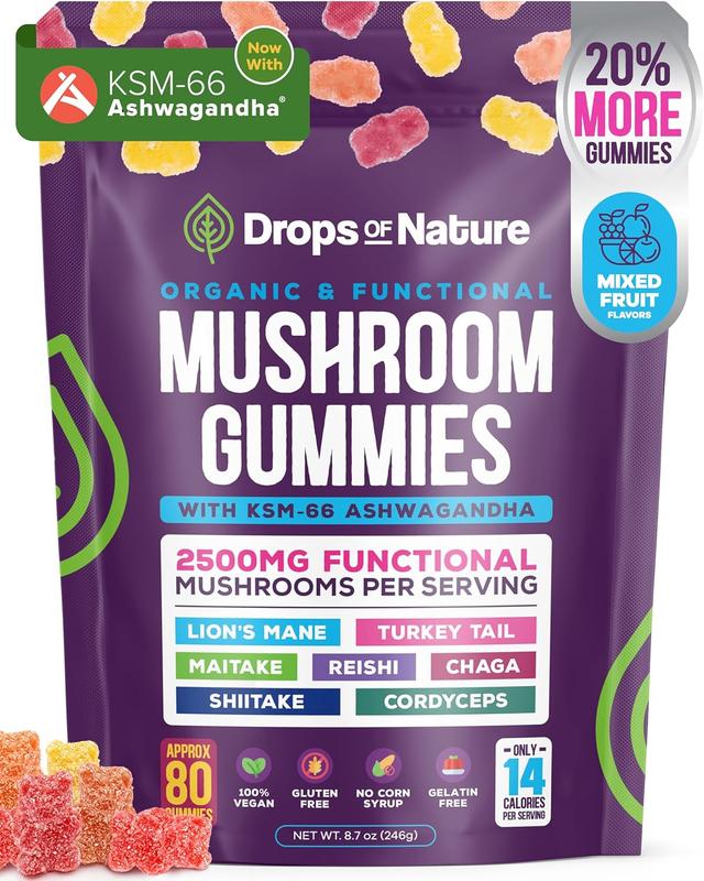Drops Of Nature Ashwagandha KSM-66, Reishi, Lions Mane, Shiitake, Cordyceps, Turkey Tail, Maitake, Chaga Supplement Gummies - Mixed Fruits, 80 Gummies