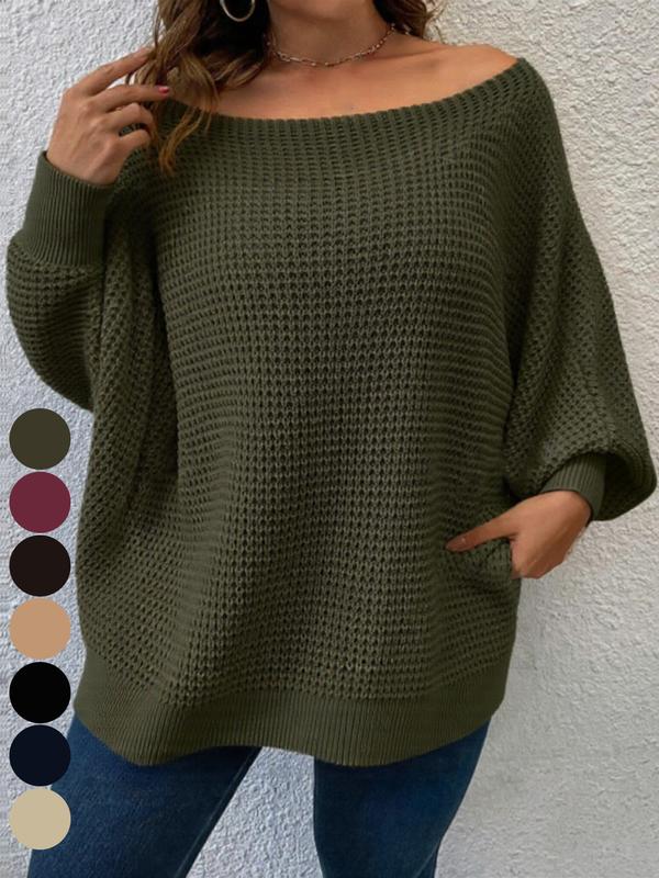 Plus Size Solid Batwing Sleeve Boat Neck Sweater Knitwear, Casual Long Sleeve Jumper for Fall, Plus Size Clothing for Daily Wear, Womenswear