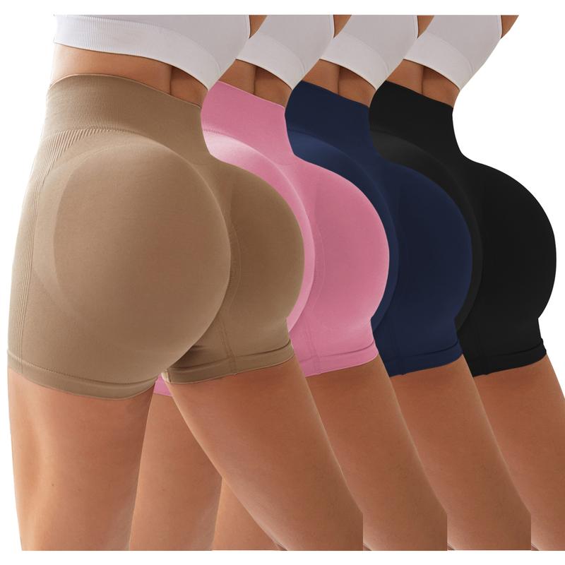 4-Pieces High Waist Tummy Control Side-Ribbed Butt-Lifting Seamless Shorts, Lightweighted Summer Shorts,  Stretchy Womenswear Bottom Peachy Shorts